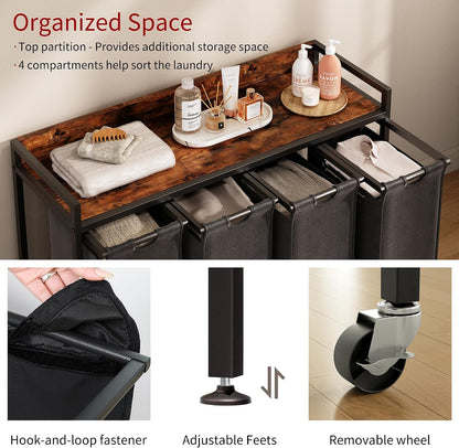 Laundry Hamper with Shelf, Laundry Basket 4 Section, Laundry Sorter with Pull-Out Removable Large Bags and Movable Wheels, Metal Frame, 4 x 15.87 Gallons (60L), Black and Gray PF07XLB