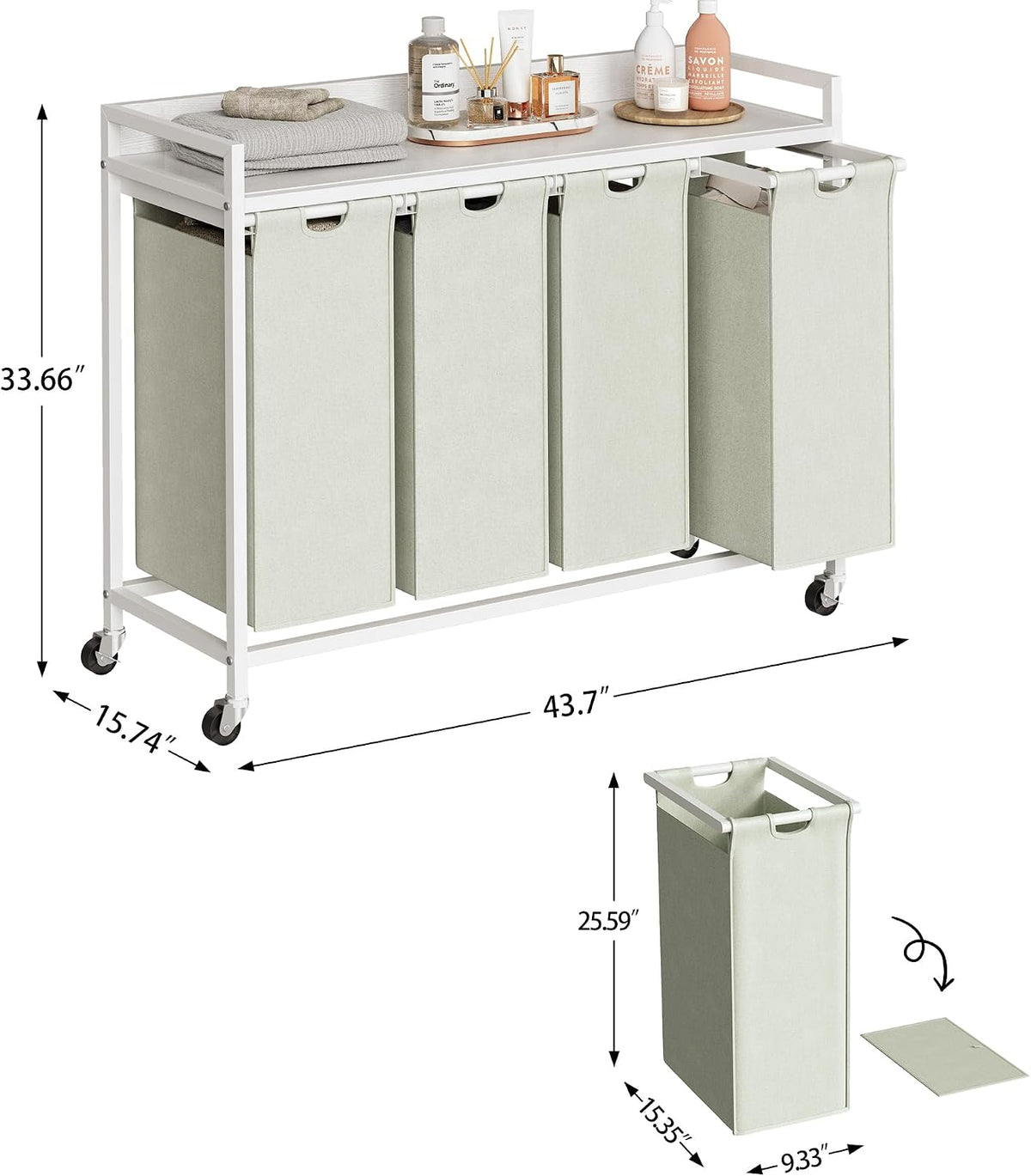 Laundry Hamper with Shelf, Laundry Basket 4 Section, Laundry Sorter with Pull-Out Removable Large Bags and Movable Wheels, Metal Frame, 4 x 15.87 Gallons (60L), Black and Gray PF07XLB