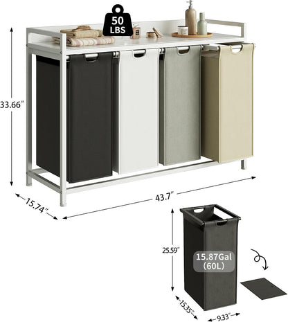 Laundry Hamper with Shelf, Laundry Basket 4 Section, Laundry Sorter with Pull-Out Removable Large Bags and Movable Wheels, Metal Frame, 4 x 15.87 Gallons (60L), Black and Gray PF07XLB