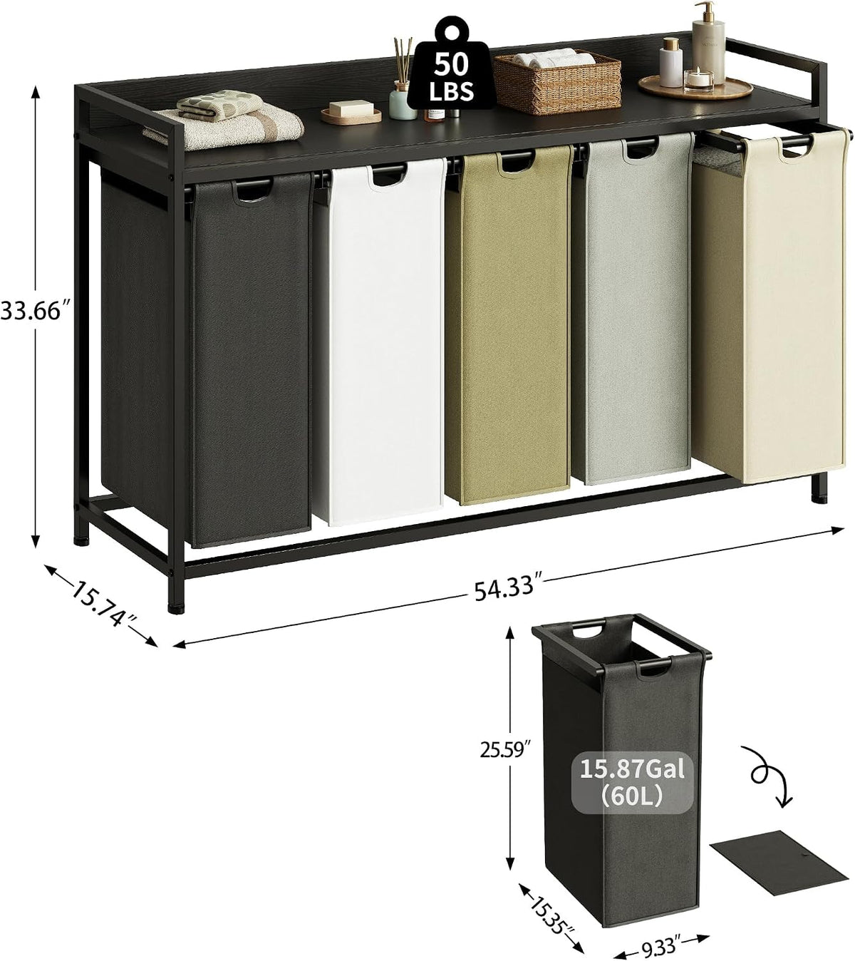 Laundry Hamper with Shelf, Laundry Basket 4 Section, Laundry Sorter with Pull-Out Removable Large Bags and Movable Wheels, Metal Frame, 4 x 15.87 Gallons (60L), Black and Gray PF07XLB