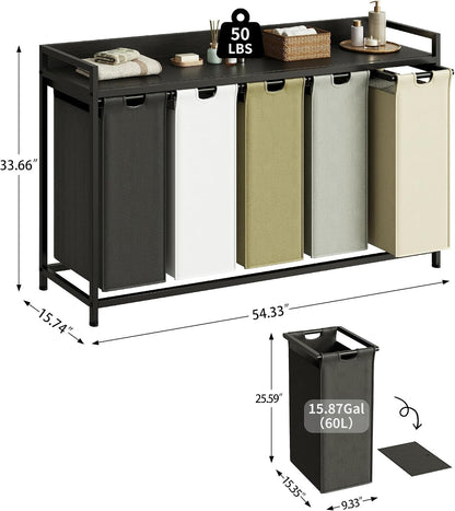 Laundry Hamper with Shelf, Laundry Basket 4 Section, Laundry Sorter with Pull-Out Removable Large Bags and Movable Wheels, Metal Frame, 4 x 15.87 Gallons (60L), Black and Gray PF07XLB