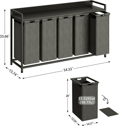 Laundry Hamper with Shelf, Laundry Basket 4 Section, Laundry Sorter with Pull-Out Removable Large Bags and Movable Wheels, Metal Frame, 4 x 15.87 Gallons (60L), Black and Gray PF07XLB