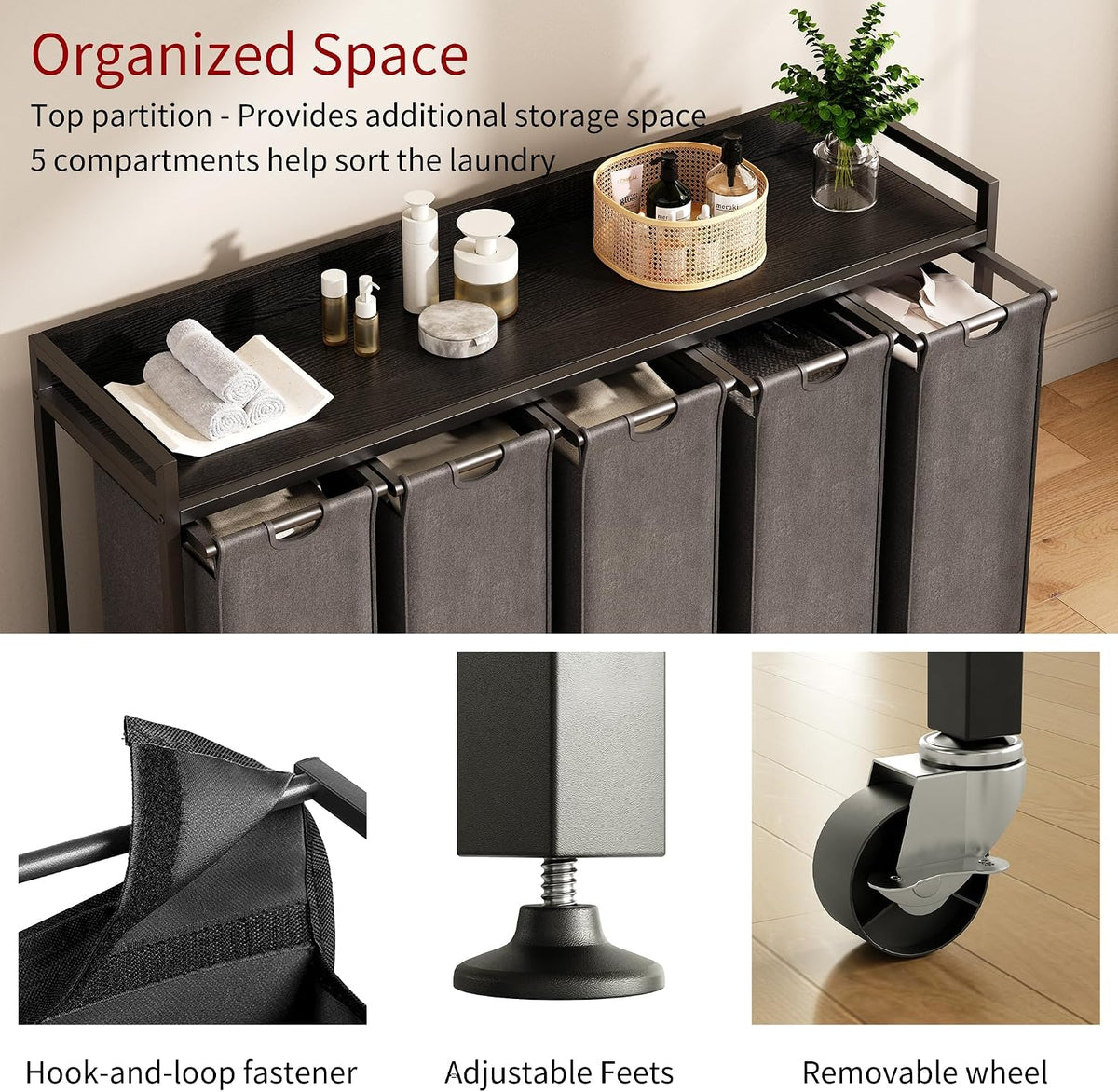 Laundry Hamper with Shelf, Laundry Basket 4 Section, Laundry Sorter with Pull-Out Removable Large Bags and Movable Wheels, Metal Frame, 4 x 15.87 Gallons (60L), Black and Gray PF07XLB