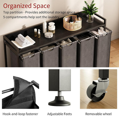 Laundry Hamper with Shelf, Laundry Basket 4 Section, Laundry Sorter with Pull-Out Removable Large Bags and Movable Wheels, Metal Frame, 4 x 15.87 Gallons (60L), Black and Gray PF07XLB
