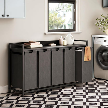 Laundry Hamper with Shelf, Laundry Basket 4 Section, Laundry Sorter with Pull-Out Removable Large Bags and Movable Wheels, Metal Frame, 4 x 15.87 Gallons (60L), Black and Gray PF07XLB
