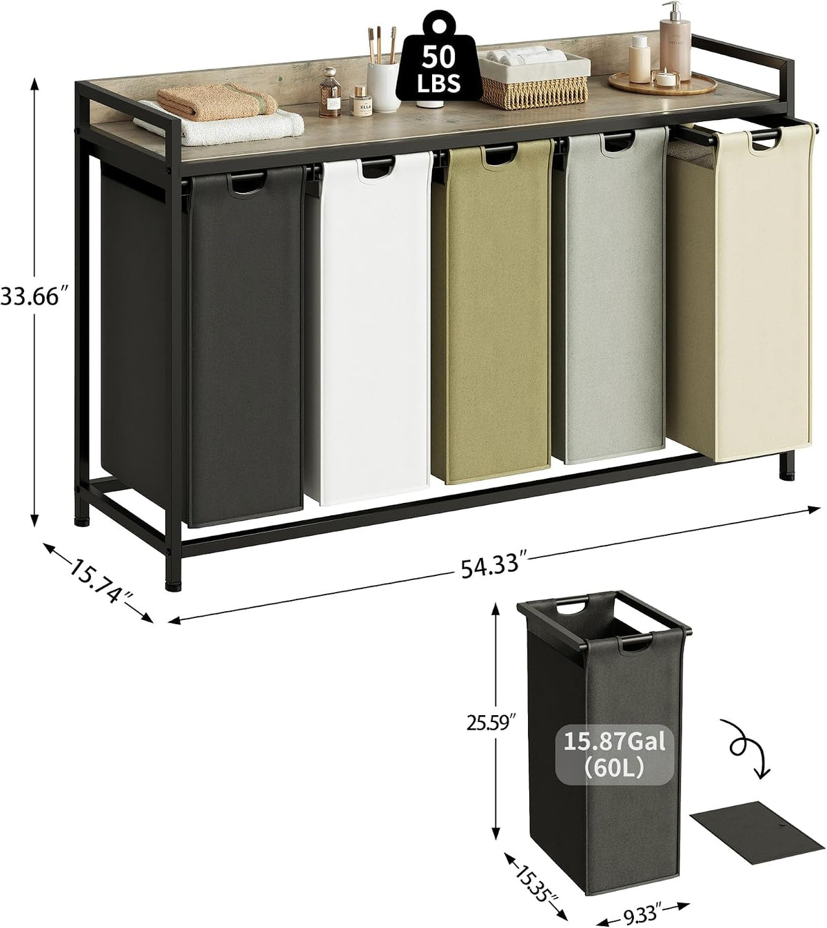 Laundry Hamper with Shelf, Laundry Basket 4 Section, Laundry Sorter with Pull-Out Removable Large Bags and Movable Wheels, Metal Frame, 4 x 15.87 Gallons (60L), Black and Gray PF07XLB