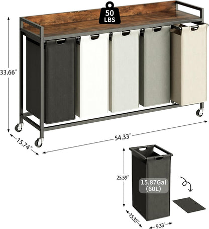 Laundry Hamper with Shelf, Laundry Basket 4 Section, Laundry Sorter with Pull-Out Removable Large Bags and Movable Wheels, Metal Frame, 4 x 15.87 Gallons (60L), Black and Gray PF07XLB