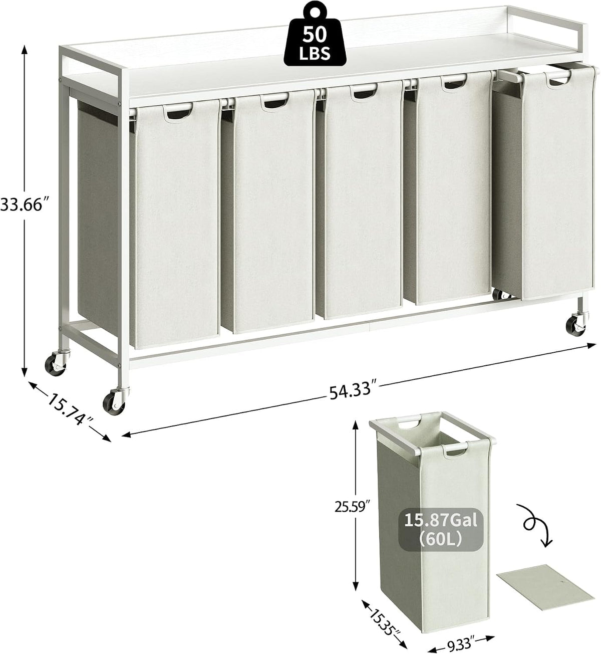 Laundry Hamper with Shelf, Laundry Basket 4 Section, Laundry Sorter with Pull-Out Removable Large Bags and Movable Wheels, Metal Frame, 4 x 15.87 Gallons (60L), Black and Gray PF07XLB