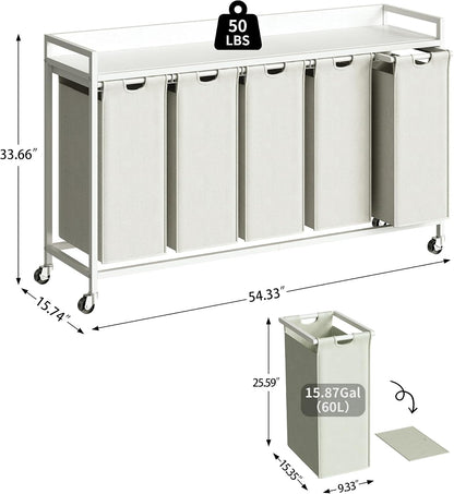 Laundry Hamper with Shelf, Laundry Basket 4 Section, Laundry Sorter with Pull-Out Removable Large Bags and Movable Wheels, Metal Frame, 4 x 15.87 Gallons (60L), Black and Gray PF07XLB