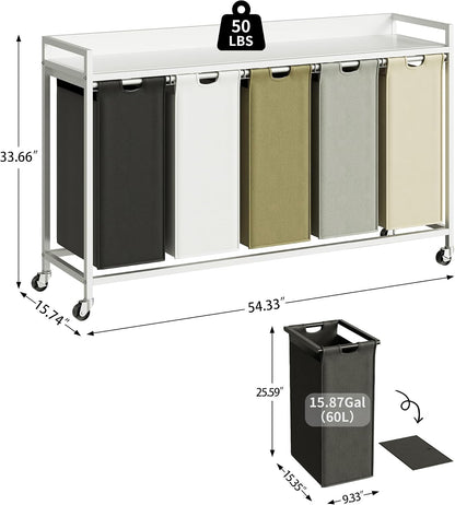 Laundry Hamper with Shelf, Laundry Basket 4 Section, Laundry Sorter with Pull-Out Removable Large Bags and Movable Wheels, Metal Frame, 4 x 15.87 Gallons (60L), Black and Gray PF07XLB