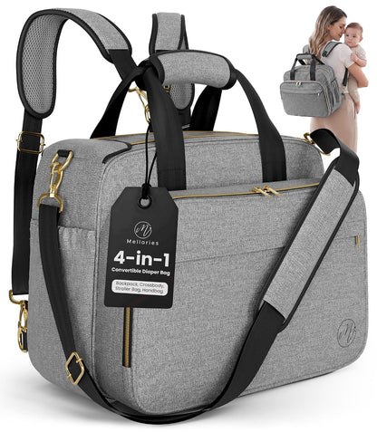 4 in 1 Convertible Baby Diaper Bag – Converts from Tote to Backpack, Stroller & Crossbody Diaper Bag – Gray Baby Travel Bag – Gift for Moms