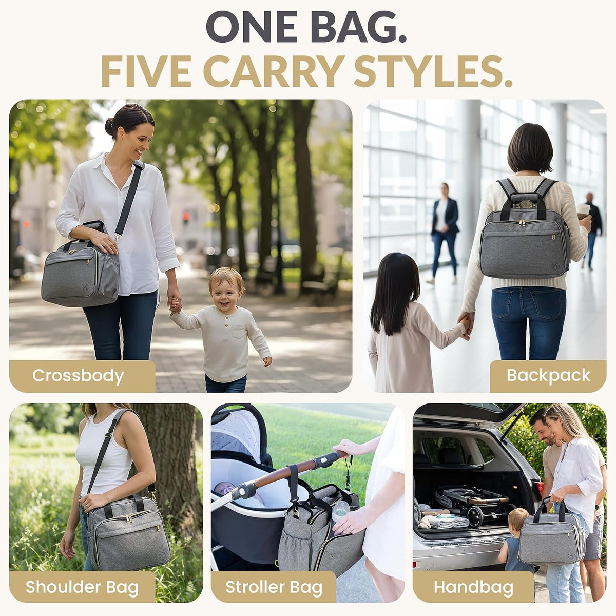 4 in 1 Convertible Baby Diaper Bag – Converts from Tote to Backpack, Stroller & Crossbody Diaper Bag – Gray Baby Travel Bag – Gift for Moms