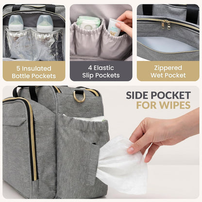4 in 1 Convertible Baby Diaper Bag – Converts from Tote to Backpack, Stroller & Crossbody Diaper Bag – Gray Baby Travel Bag – Gift for Moms