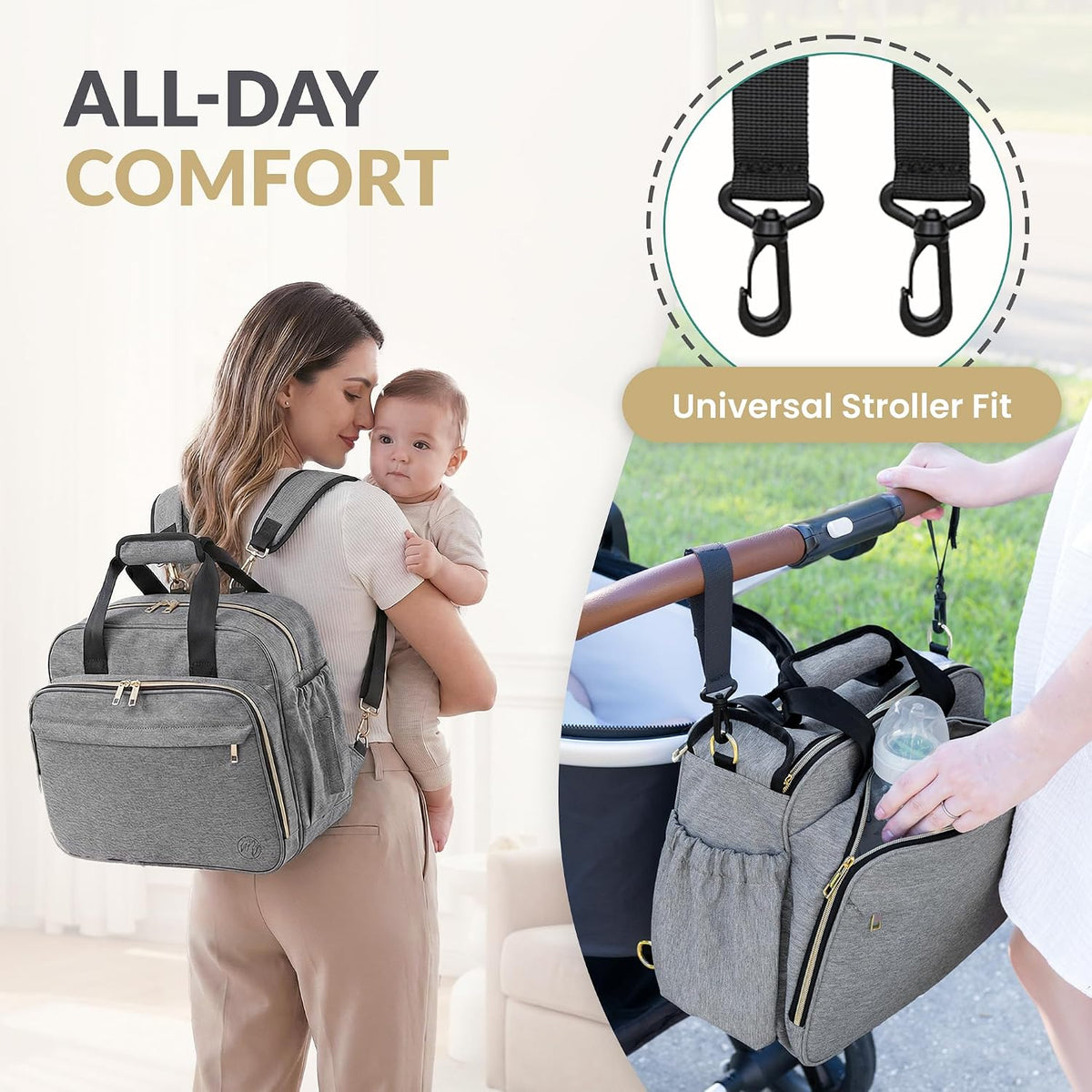 4 in 1 Convertible Baby Diaper Bag – Converts from Tote to Backpack, Stroller & Crossbody Diaper Bag – Gray Baby Travel Bag – Gift for Moms