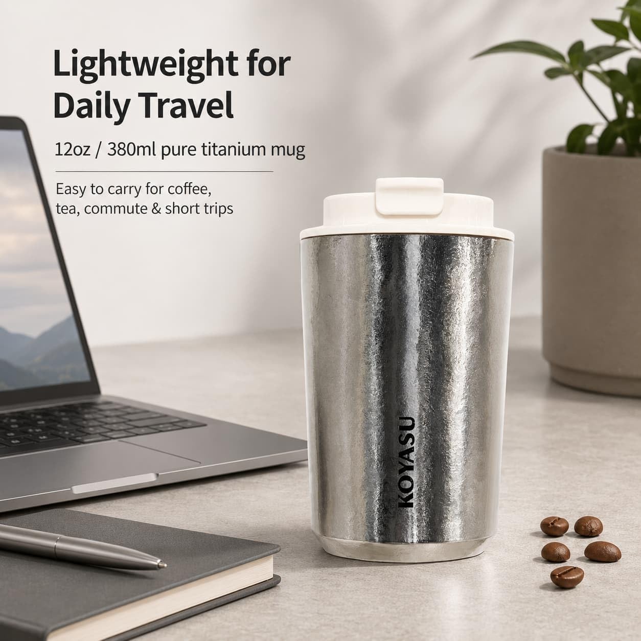 KOYASU Ti-Zen Titanium Travel Coffee Mug - 12oz Ultralight Insulated Tumbler - Leakproof Commuter Cup for Men & Office Desk Accessory - Minimalist Portable Tea Flask for Travel & Car- Indigo Blue