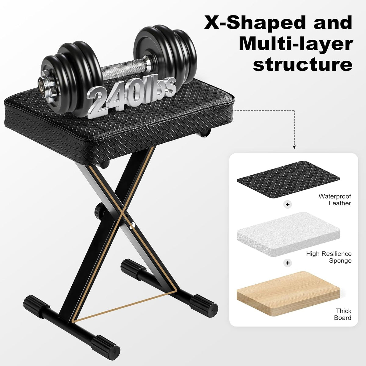 Adjustable Piano Bench, Waterproof Synthetic Leather Padded Stool, X-Style Piano Stool with 2.4 inch Thicken Soft Cushion, Keyboard Bench for Keyboards Piano Guitar, 9.1"x12.2"x20" Black