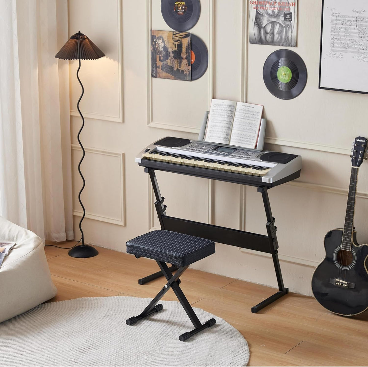Adjustable Piano Bench, Waterproof Synthetic Leather Padded Stool, X-Style Piano Stool with 2.4 inch Thicken Soft Cushion, Keyboard Bench for Keyboards Piano Guitar, 9.1"x12.2"x20" Black