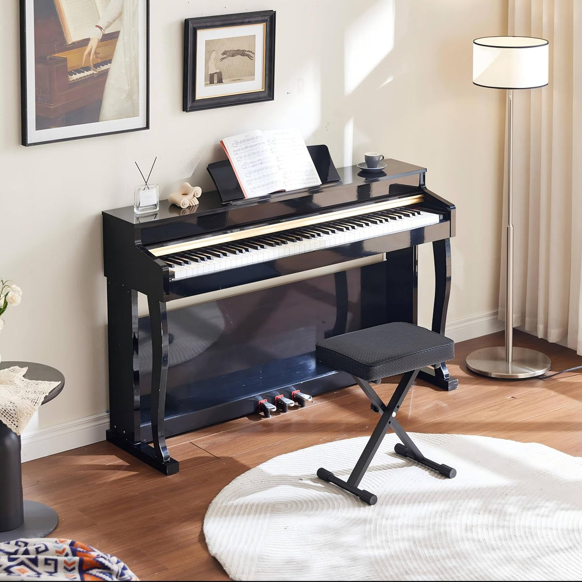 Adjustable Piano Bench, Waterproof Synthetic Leather Padded Stool, X-Style Piano Stool with 2.4 inch Thicken Soft Cushion, Keyboard Bench for Keyboards Piano Guitar, 9.1"x12.2"x20" Black