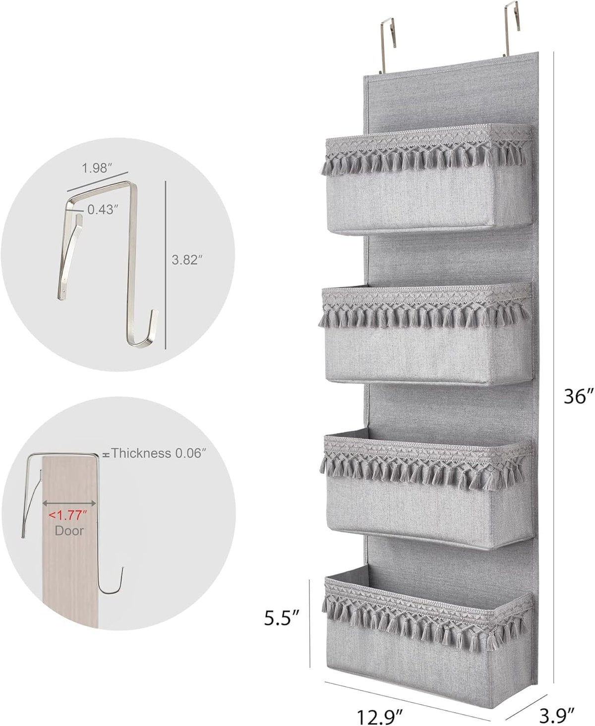 Over The Door Organizer 5 Pockets Hanging Behind Door Storage, White
