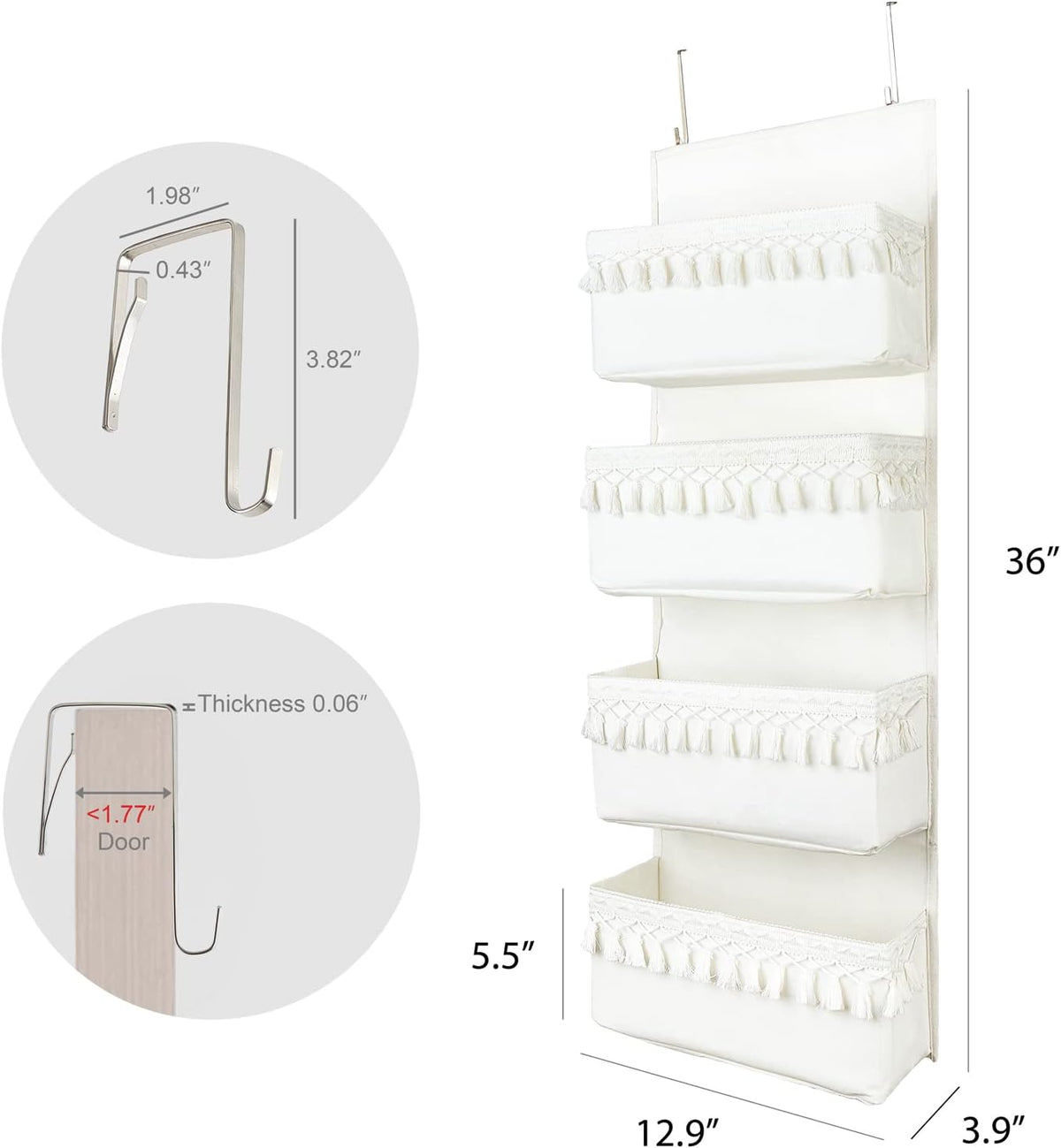 Over The Door Organizer 5 Pockets Hanging Behind Door Storage, White