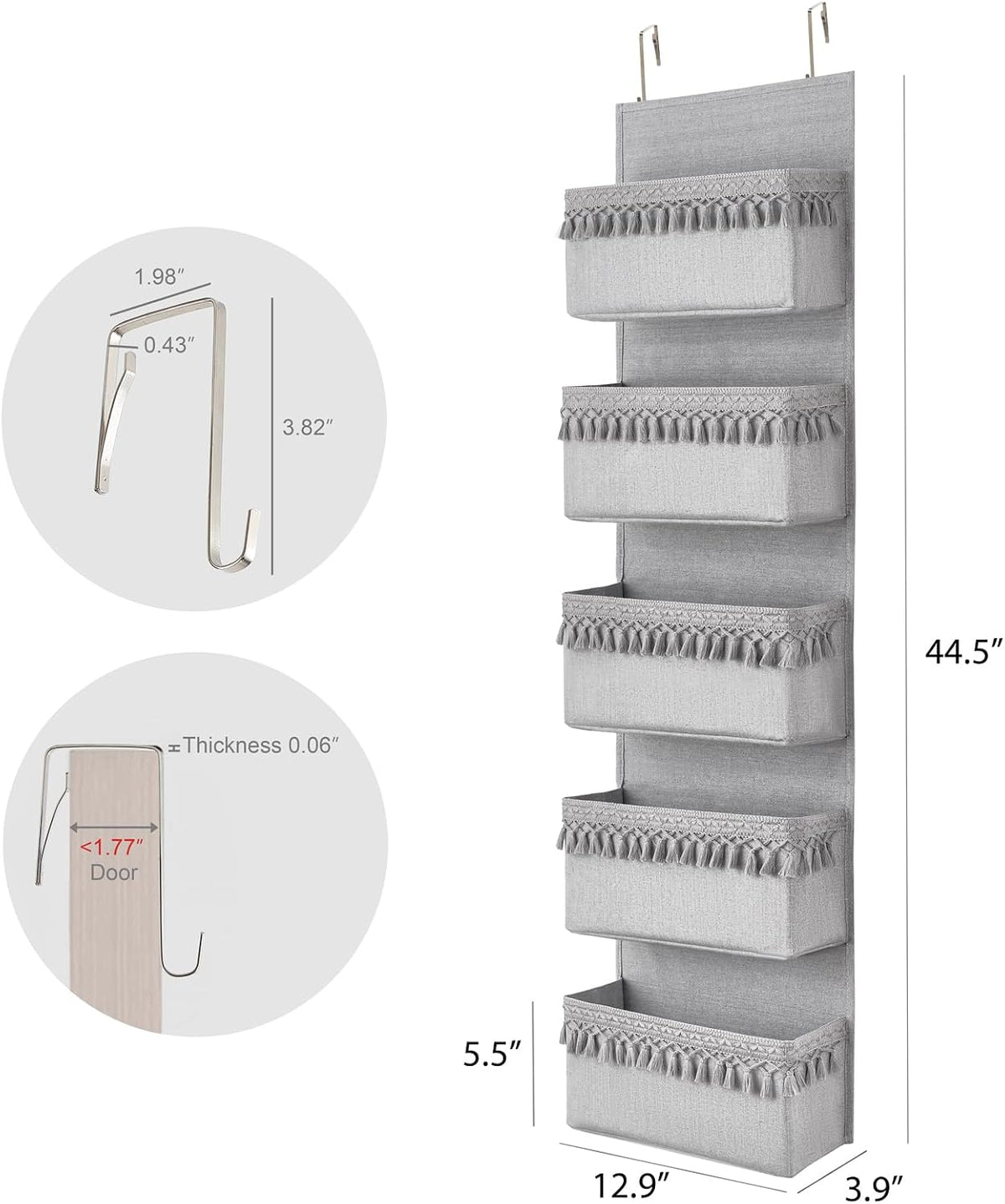 Over The Door Organizer 5 Pockets Hanging Behind Door Storage, White