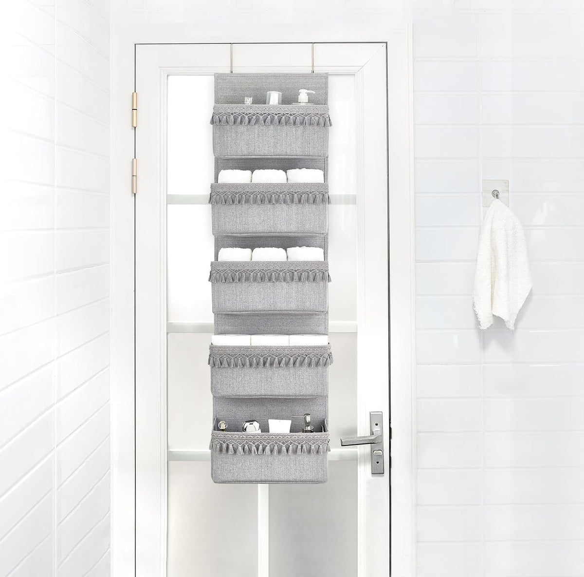 Over The Door Organizer 5 Pockets Hanging Behind Door Storage, White