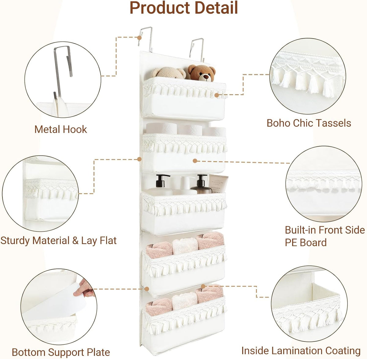 Over The Door Organizer 5 Pockets Hanging Behind Door Storage, White
