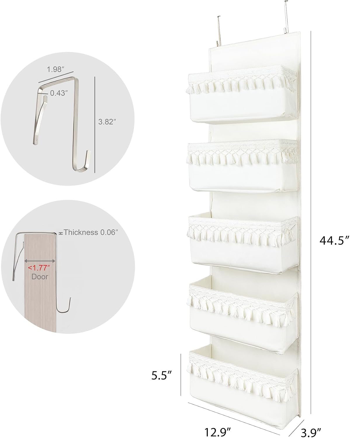 Over The Door Organizer 5 Pockets Hanging Behind Door Storage, White
