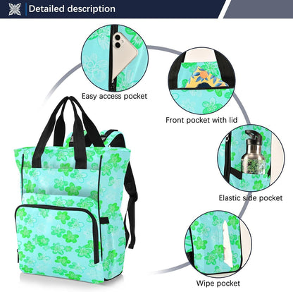 Diaper Bag Backpack, Multifunction Travel Bag for Moms Dads, Baby Changing Bag with Insulted Pockets, Stroller Straps and Side Bottle Pockets Green Floral Pattern
