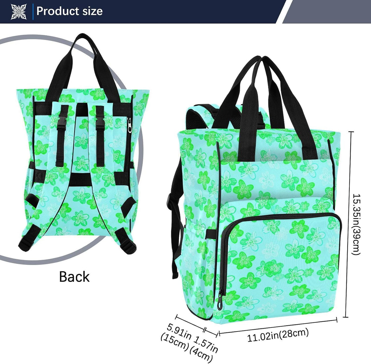 Diaper Bag Backpack, Multifunction Travel Bag for Moms Dads, Baby Changing Bag with Insulted Pockets, Stroller Straps and Side Bottle Pockets Green Floral Pattern