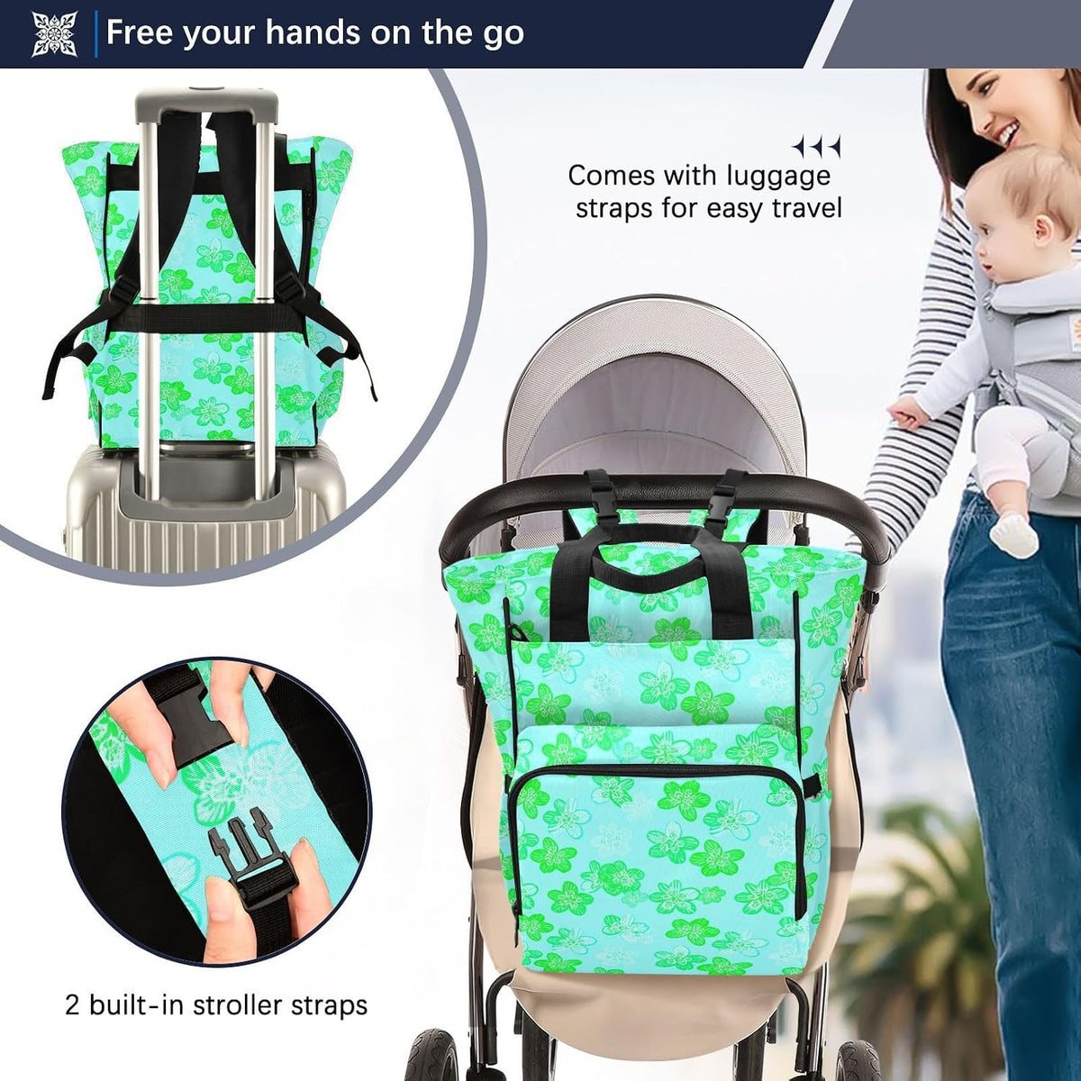 Diaper Bag Backpack, Multifunction Travel Bag for Moms Dads, Baby Changing Bag with Insulted Pockets, Stroller Straps and Side Bottle Pockets Green Floral Pattern