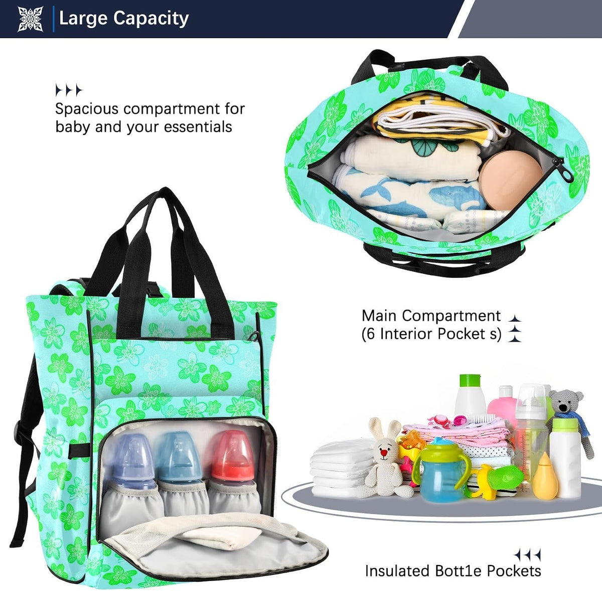 Diaper Bag Backpack, Multifunction Travel Bag for Moms Dads, Baby Changing Bag with Insulted Pockets, Stroller Straps and Side Bottle Pockets Green Floral Pattern