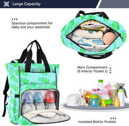 Diaper Bag Backpack, Multifunction Travel Bag for Moms Dads, Baby Changing Bag with Insulted Pockets, Stroller Straps and Side Bottle Pockets Green Floral Pattern