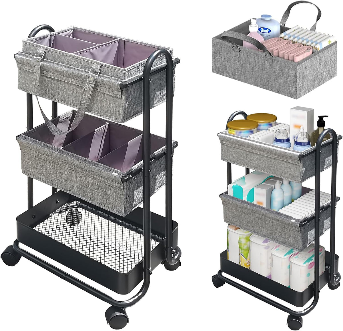2In1 Baby Diaper Caddy Organizer with Dividers,3-Tier Diaper Rolling Cart,Mobile Metal Utility Cart for Baby Nursery,Baby Bedside Cart, Large Capacity Black
