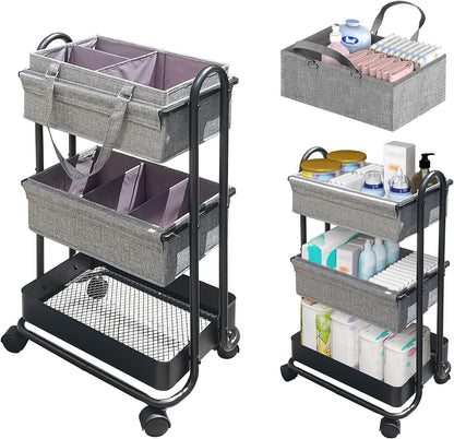 2In1 Baby Diaper Caddy Organizer with Dividers,3-Tier Diaper Rolling Cart,Mobile Metal Utility Cart for Baby Nursery,Baby Bedside Cart, Large Capacity Black