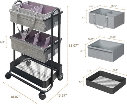 2In1 Baby Diaper Caddy Organizer with Dividers,3-Tier Diaper Rolling Cart,Mobile Metal Utility Cart for Baby Nursery,Baby Bedside Cart, Large Capacity Black