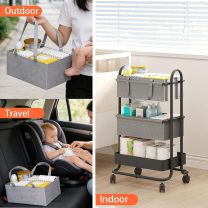 2In1 Baby Diaper Caddy Organizer with Dividers,3-Tier Diaper Rolling Cart,Mobile Metal Utility Cart for Baby Nursery,Baby Bedside Cart, Large Capacity Black