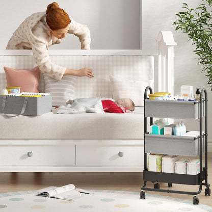 2In1 Baby Diaper Caddy Organizer with Dividers,3-Tier Diaper Rolling Cart,Mobile Metal Utility Cart for Baby Nursery,Baby Bedside Cart, Large Capacity Black