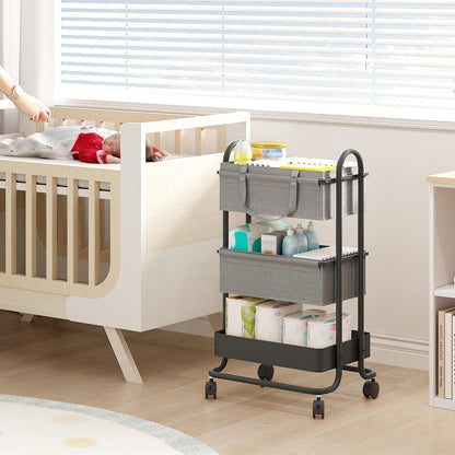 2In1 Baby Diaper Caddy Organizer with Dividers,3-Tier Diaper Rolling Cart,Mobile Metal Utility Cart for Baby Nursery,Baby Bedside Cart, Large Capacity Black