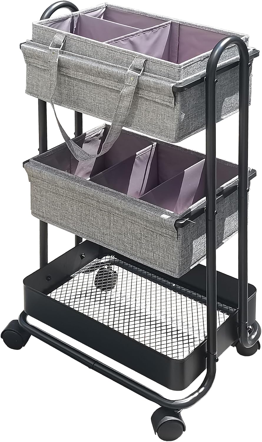 2In1 Baby Diaper Caddy Organizer with Dividers,3-Tier Diaper Rolling Cart,Mobile Metal Utility Cart for Baby Nursery,Baby Bedside Cart, Large Capacity Black