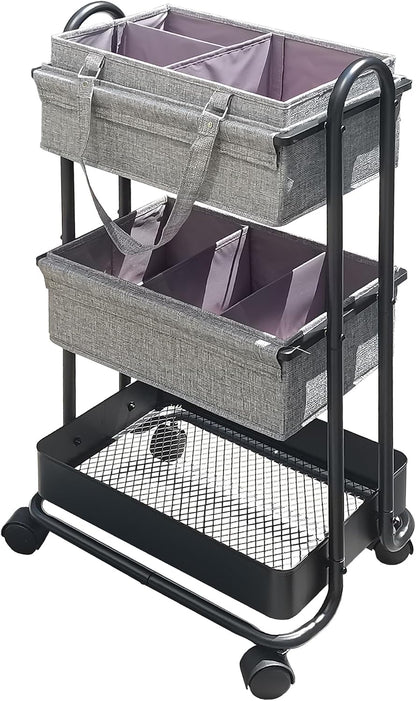 2In1 Baby Diaper Caddy Organizer with Dividers,3-Tier Diaper Rolling Cart,Mobile Metal Utility Cart for Baby Nursery,Baby Bedside Cart, Large Capacity Black