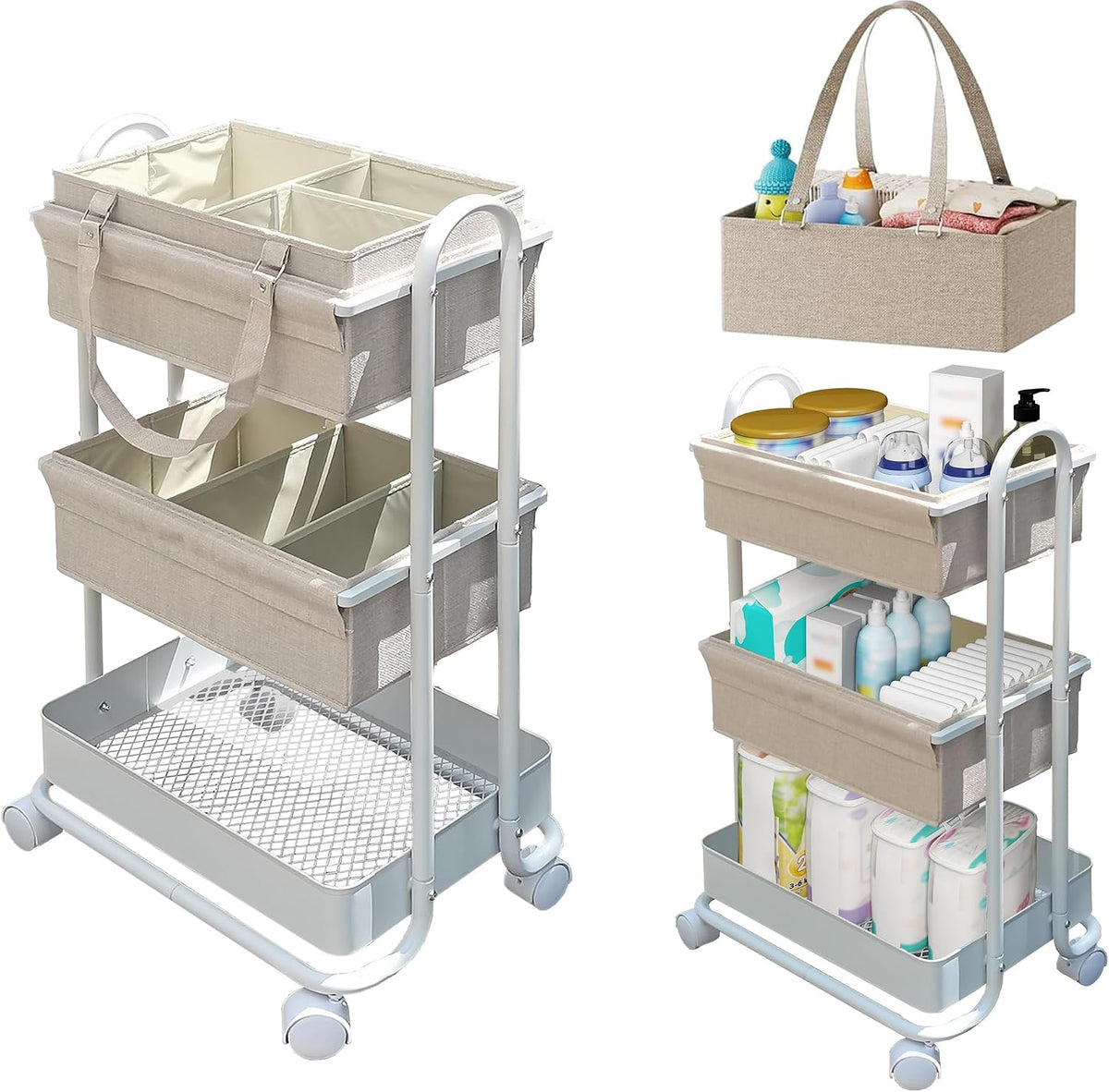 2In1 Baby Diaper Caddy Organizer with Dividers,3-Tier Diaper Rolling Cart,Mobile Metal Utility Cart for Baby Nursery,Baby Bedside Cart, Large Capacity Black
