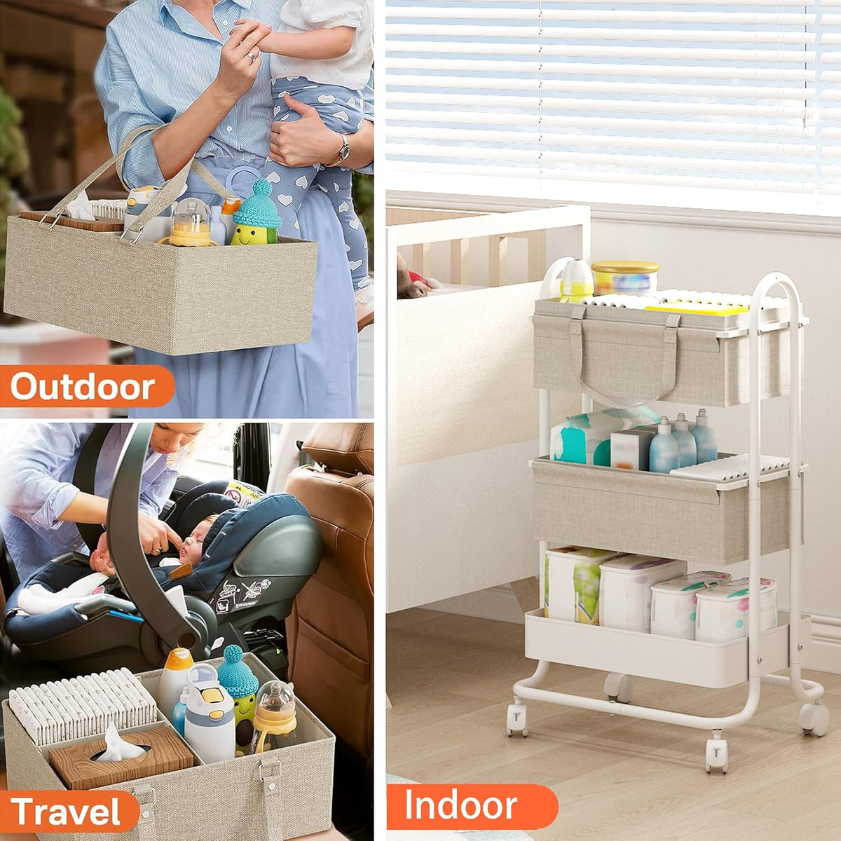 2In1 Baby Diaper Caddy Organizer with Dividers,3-Tier Diaper Rolling Cart,Mobile Metal Utility Cart for Baby Nursery,Baby Bedside Cart, Large Capacity Black