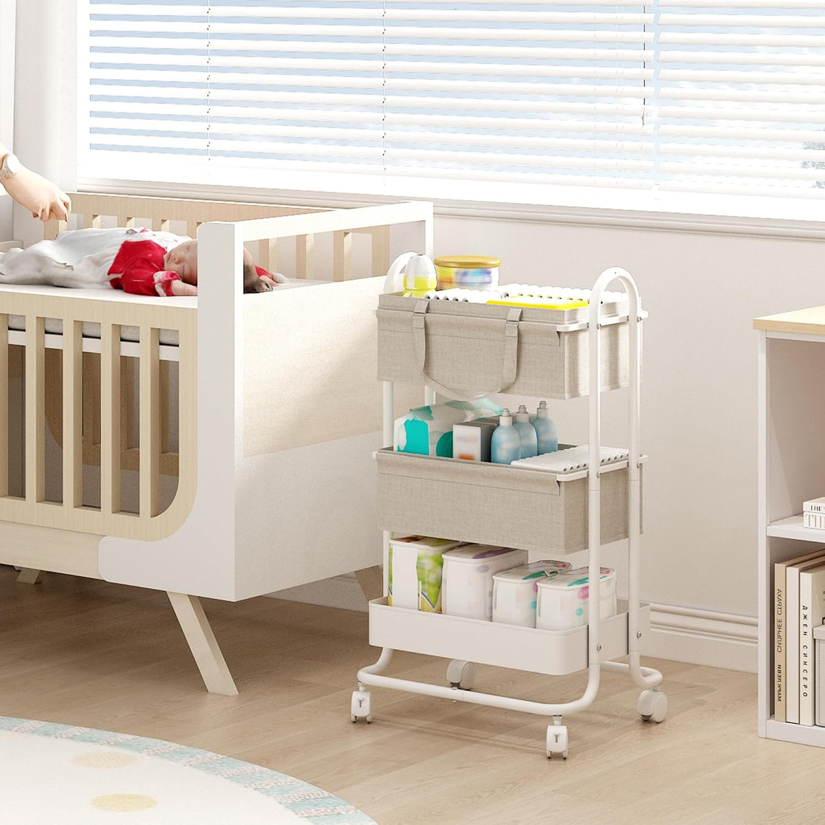 2In1 Baby Diaper Caddy Organizer with Dividers,3-Tier Diaper Rolling Cart,Mobile Metal Utility Cart for Baby Nursery,Baby Bedside Cart, Large Capacity Black