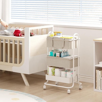 2In1 Baby Diaper Caddy Organizer with Dividers,3-Tier Diaper Rolling Cart,Mobile Metal Utility Cart for Baby Nursery,Baby Bedside Cart, Large Capacity Black
