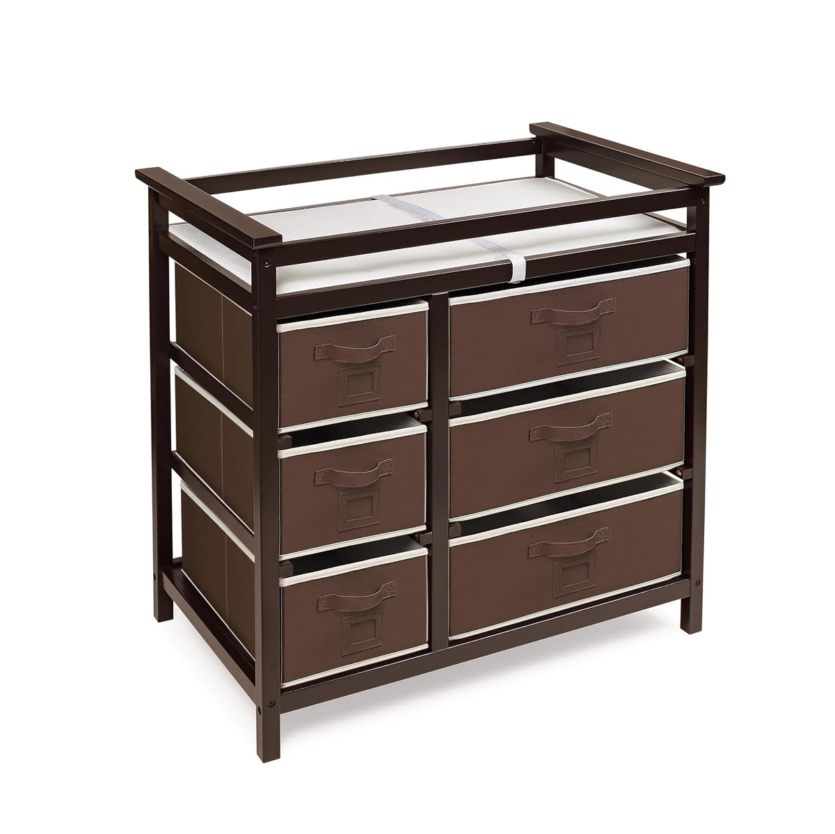 Modern Baby Changing Table - Diaper Station Organizer with 6 Storage Drawers, Reversible Baskets, Safety Rails - Baby Nursery Furniture with Changing Pad and Belt - White