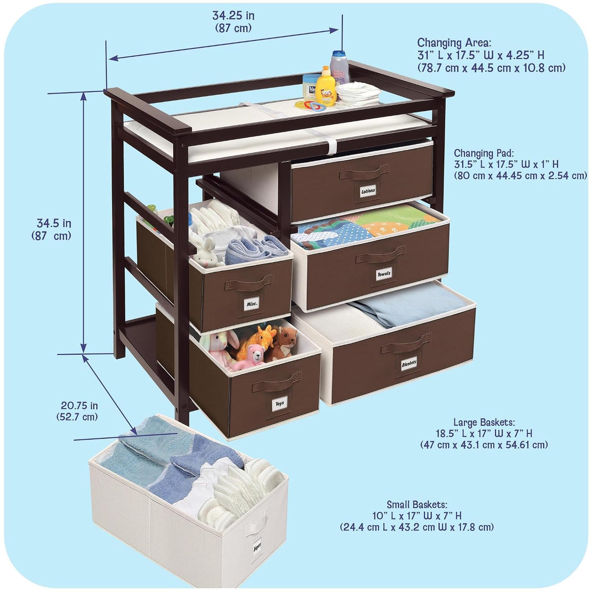 Modern Baby Changing Table - Diaper Station Organizer with 6 Storage Drawers, Reversible Baskets, Safety Rails - Baby Nursery Furniture with Changing Pad and Belt - White