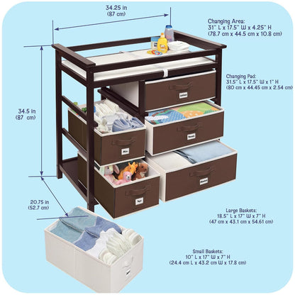 Modern Baby Changing Table - Diaper Station Organizer with 6 Storage Drawers, Reversible Baskets, Safety Rails - Baby Nursery Furniture with Changing Pad and Belt - White