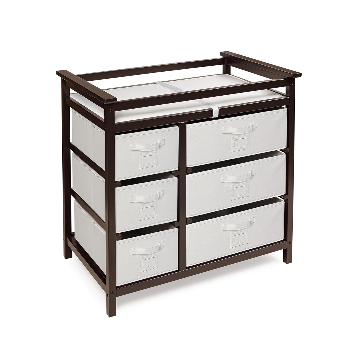 Modern Baby Changing Table - Diaper Station Organizer with 6 Storage Drawers, Reversible Baskets, Safety Rails - Baby Nursery Furniture with Changing Pad and Belt - White