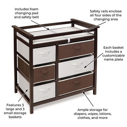 Modern Baby Changing Table - Diaper Station Organizer with 6 Storage Drawers, Reversible Baskets, Safety Rails - Baby Nursery Furniture with Changing Pad and Belt - White